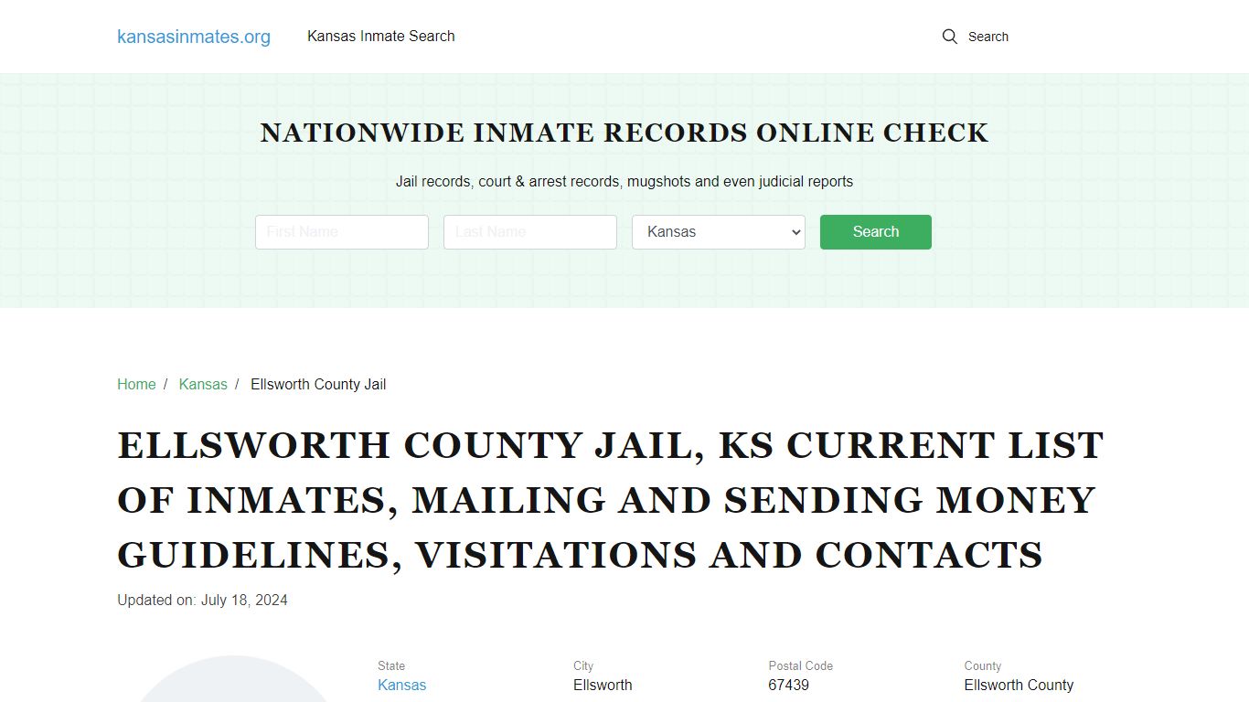 Ellsworth County Jail, KS: Offender Locator, Visitation & Contact Info